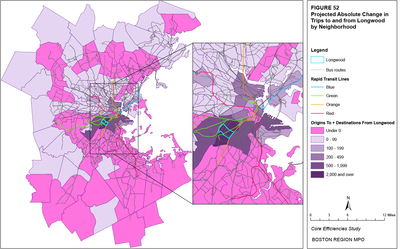 This map shows the projected absolute change in trips to and from the Longwood neighborhood by neighborhood.
